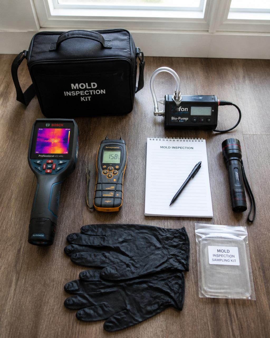 Professional mold inspection toolkit — thermal camera, moisture meter, air sampling pump