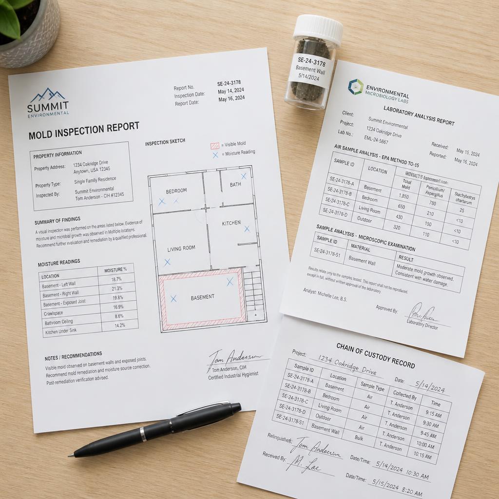 Florida Mold Services inspection report with lab results and floor plan